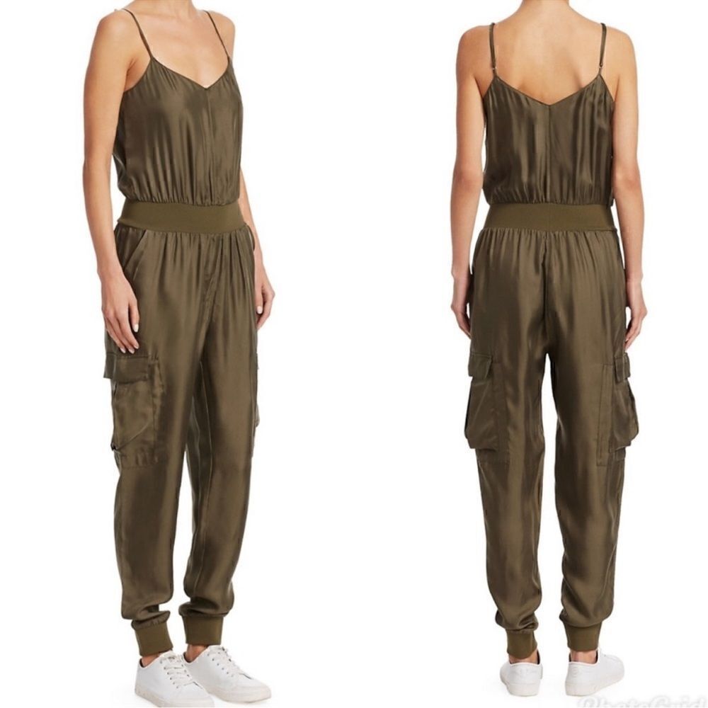 Cinq A Sept- Amia Olive Green Tank Satin Jumpsuit Cargo Pockets, Size Xl